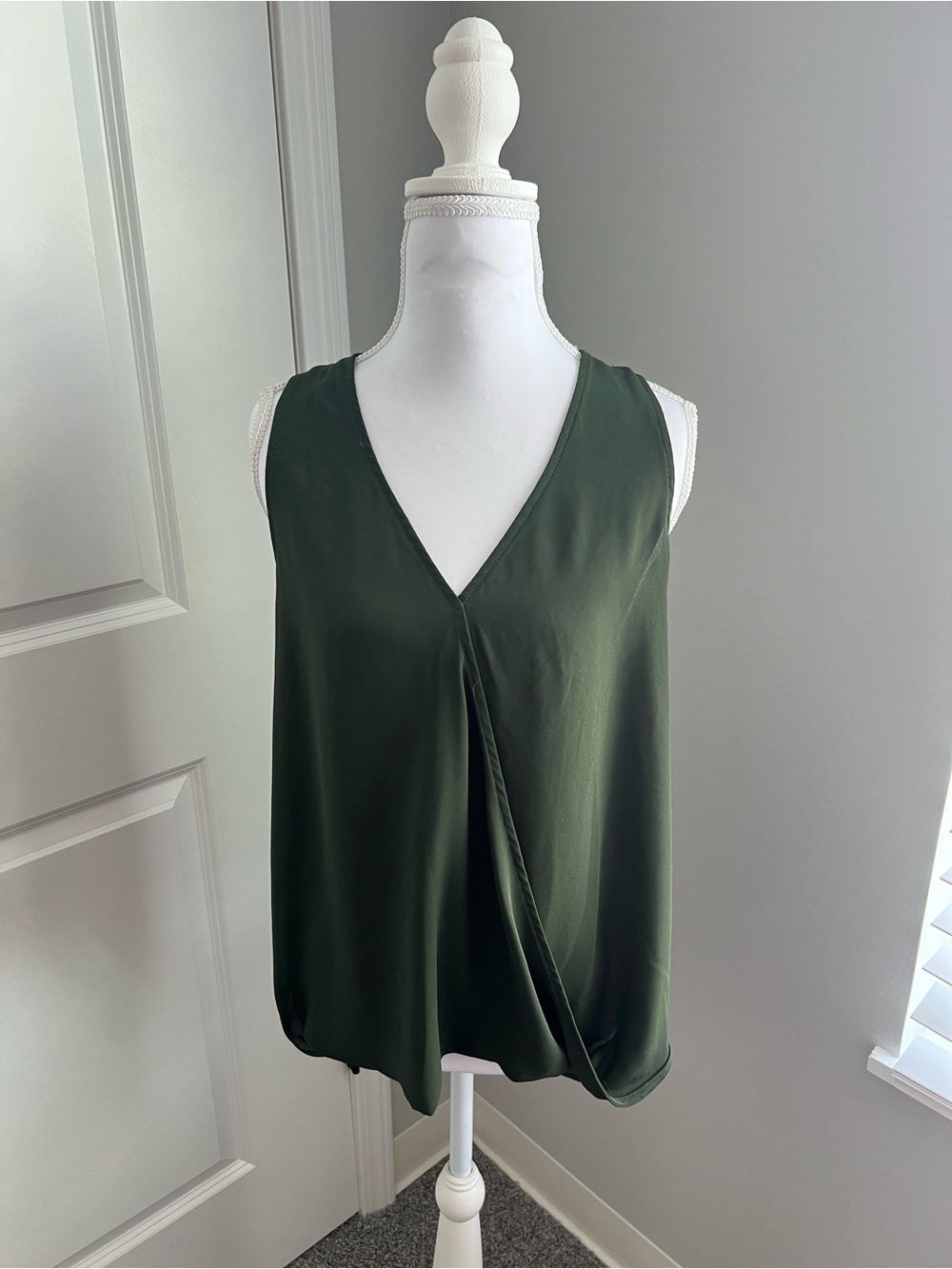 Lily White Sleeveless V-Neck Draped Camisole in Dark Green